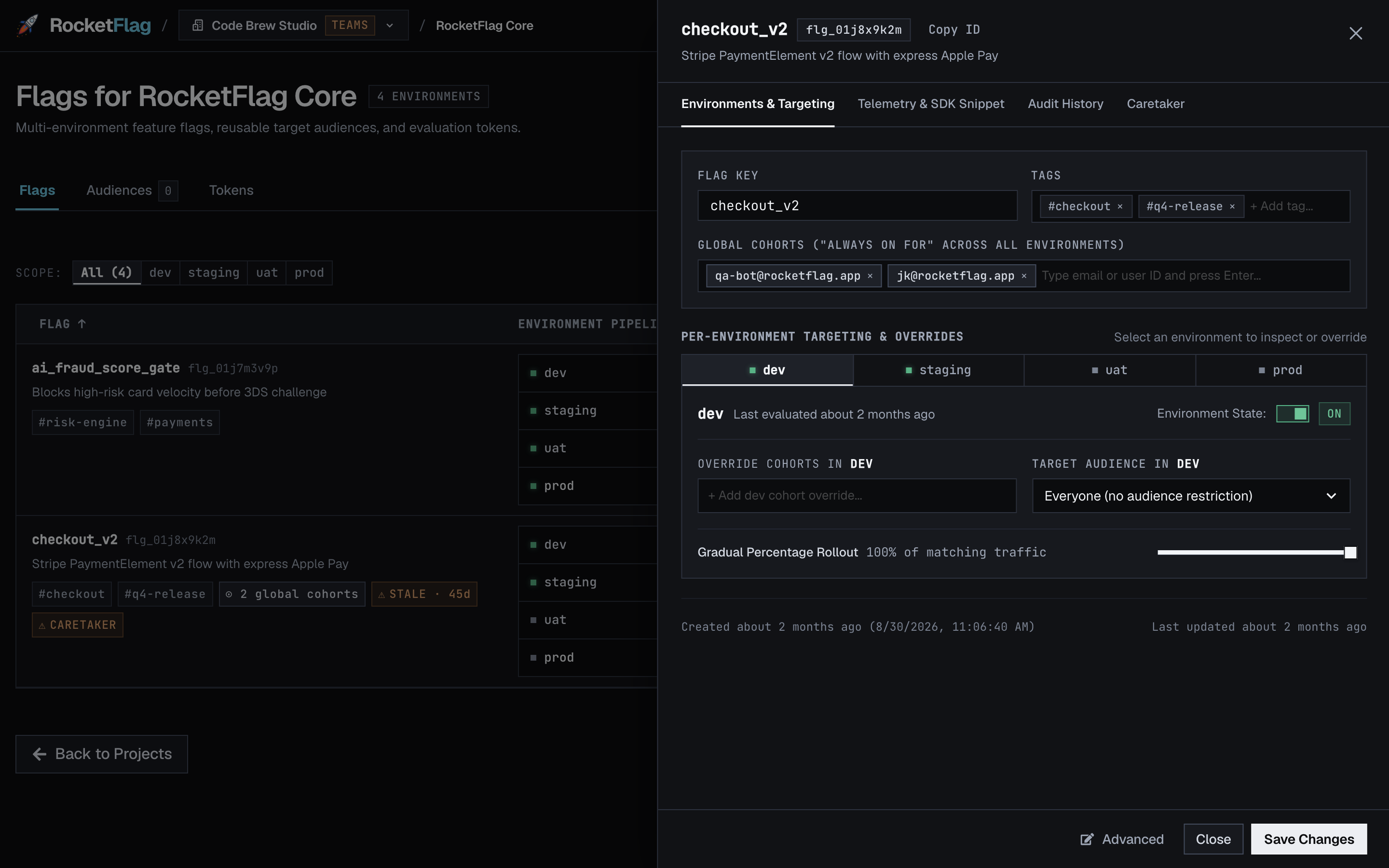 The Flag Inspector drawer in RocketFlag showing global cohorts, tags, and per-environment targeting overrides for dev, staging, uat, and prod