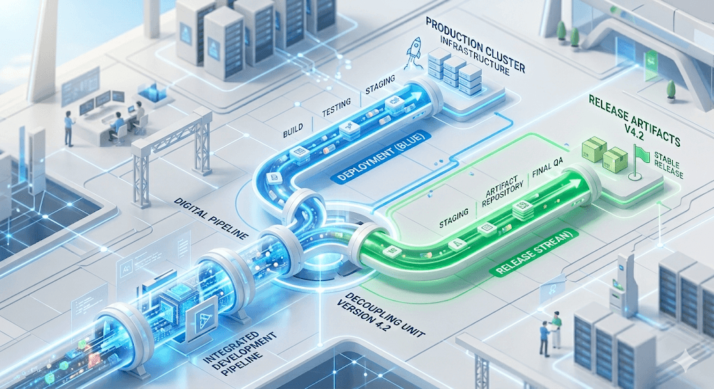 A modern 3D isometric illustration of a heavy, glowing digital pipeline cleanly decoupling into two distinct, safe streams. One stream is blue (deployment), the other is green (release). Bright, optimistic lighting, corporate tech aesthetic.