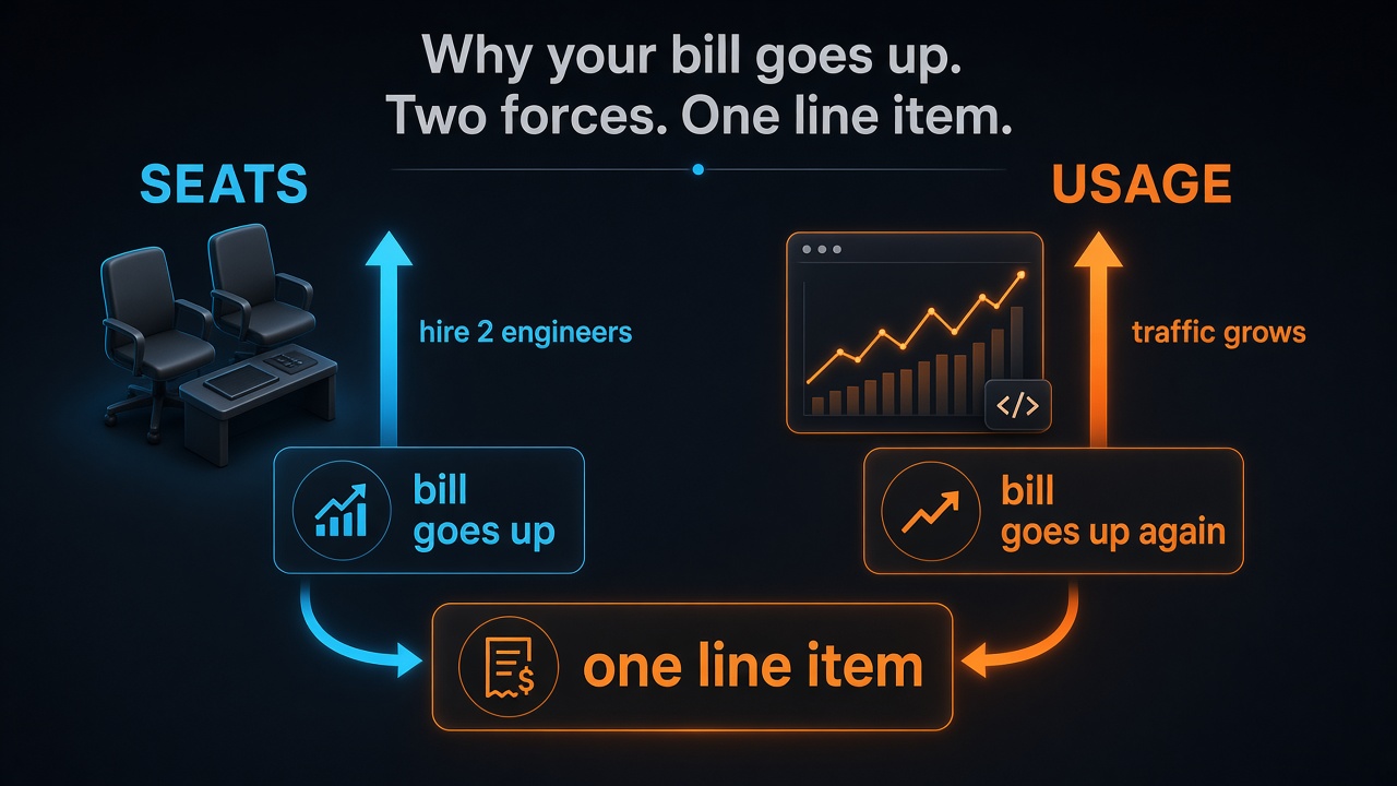 Infographic: seats from hiring and usage from traffic both push the same flag invoice up
